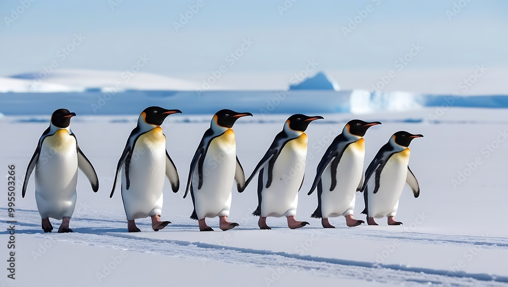 Obraz premium This image captures the essence of penguin life, emphasizing their remarkable ability to work together as they navigate the challenging environment of Antarctica.