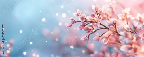 A delicate branch of pink blossoms against a soft, blue background, evoking a serene and dreamy atmosphere with hints of sparkling light.