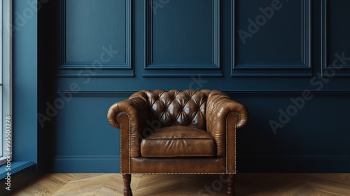 Living room with a leather armchair on wooden flooring and a dark blue wall. -