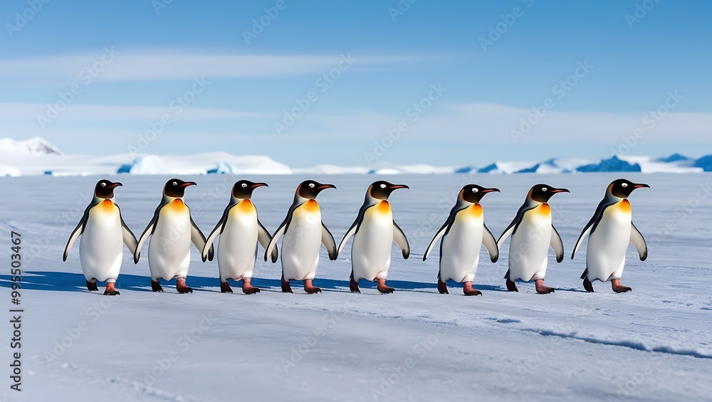 Obraz premium This image captures the essence of penguin life, emphasizing their remarkable ability to work together as they navigate the challenging environment of Antarctica.