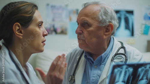 Doctor explains chest x ray results to senior male patient in a professional hospital setting