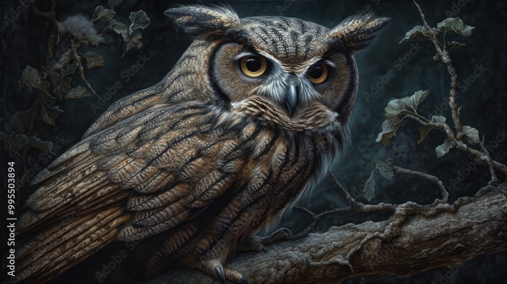 A detailed illustration of a majestic owl perched on a branch. A detailed illustration of a majestic owl perched on a branch.