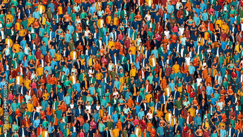 Large group of different isometric people. Big mixed crowd of city dwellers in casual clothes. Group of male and female. Community and diversity concept. Low detail. Flat style vector Illustration