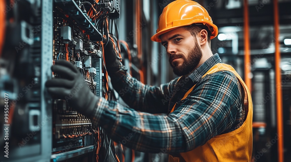 Electrician working on wiring in a modern utility room during the day Electrician working on wiring in a modern utility room during the day