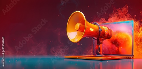 A megaphone breaking through a laptop screen, symbolizing online marketing and digital communication.