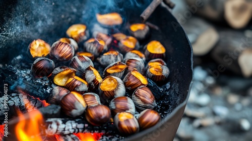 A detailed close up view of roasted chestnuts being cooked over an open fire with cracked shells revealing the golden delicious nuts inside  This seasonal