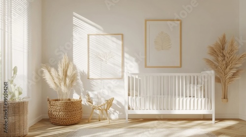 Mockup frame for a bright nursery bedroom with a white crib and a rattan basket.