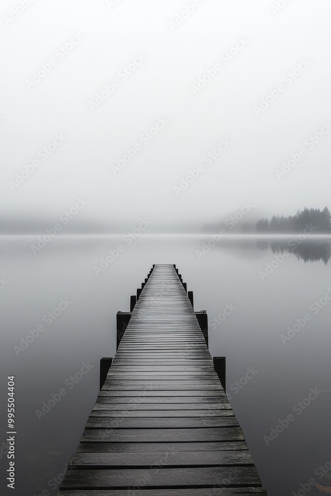 Serene Footbridge Over Calm Waters in Misty Landscape Serene Footbridge Over Calm Waters in Misty Landscape