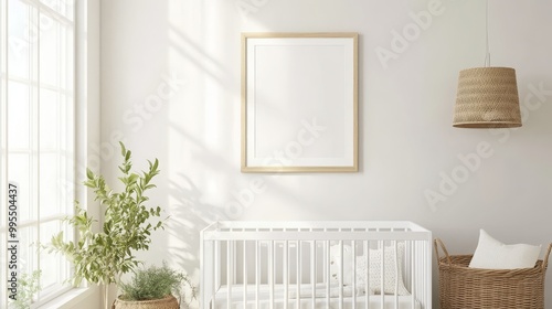 Mockup frame for a bright nursery bedroom with a white crib and a rattan basket.