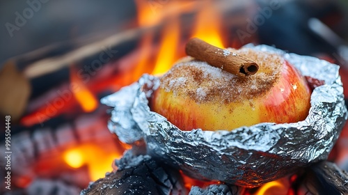 Baked Apple Wrapped in Foil and Stuffed with Cinnamon and Sugar Cooked Directly in the Campfire Coals for a Delicious Outdoor Dessert or Snack photo