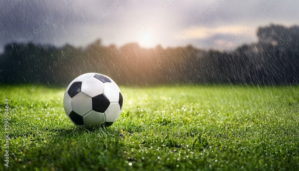 Fototapeta premium Raindrops and Rivalry: A Close-Up of Soccer in Wet Conditions