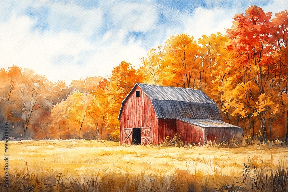 Watercolor Painting of Rustic Barn in Golden Field: Surrounded by Autumn Trees and Clear, Crisp Sky Watercolor Painting of Rustic Barn in Golden Field: Surrounded by Autumn Trees and Clear, Crisp Sky