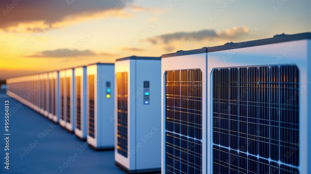 Fototapeta premium Solar panels lined up under a sunset sky on a rooftop.