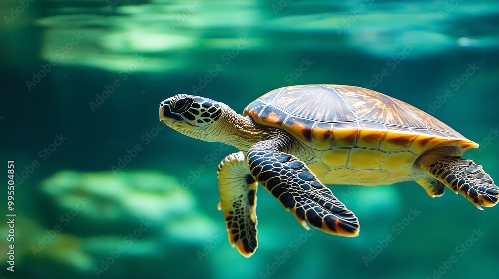 Close-up of a sea turtle swimming in clear blue water, representing nature, marine life, and tranquility Close-up of a sea turtle swimming in clear blue water, representing nature, marine life, and tranquility