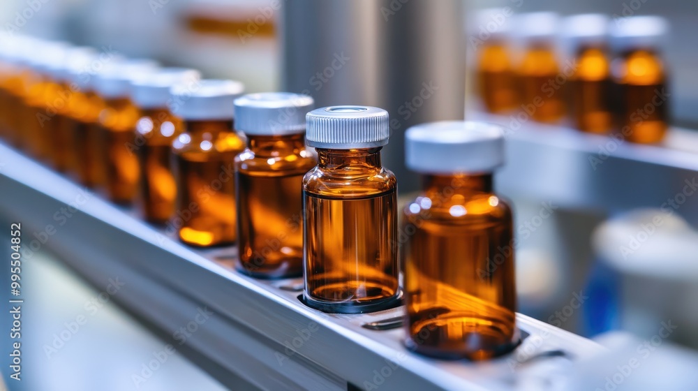 Medical vials on production line at pharmaceutical factory, Pharmaceutical machine working pharmaceutical glass bottles production line, health care, pandemic Medical vials on production line at pharmaceutical factory, Pharmaceutical machine working pharmaceutical glass bottles production line, health care, pandemic