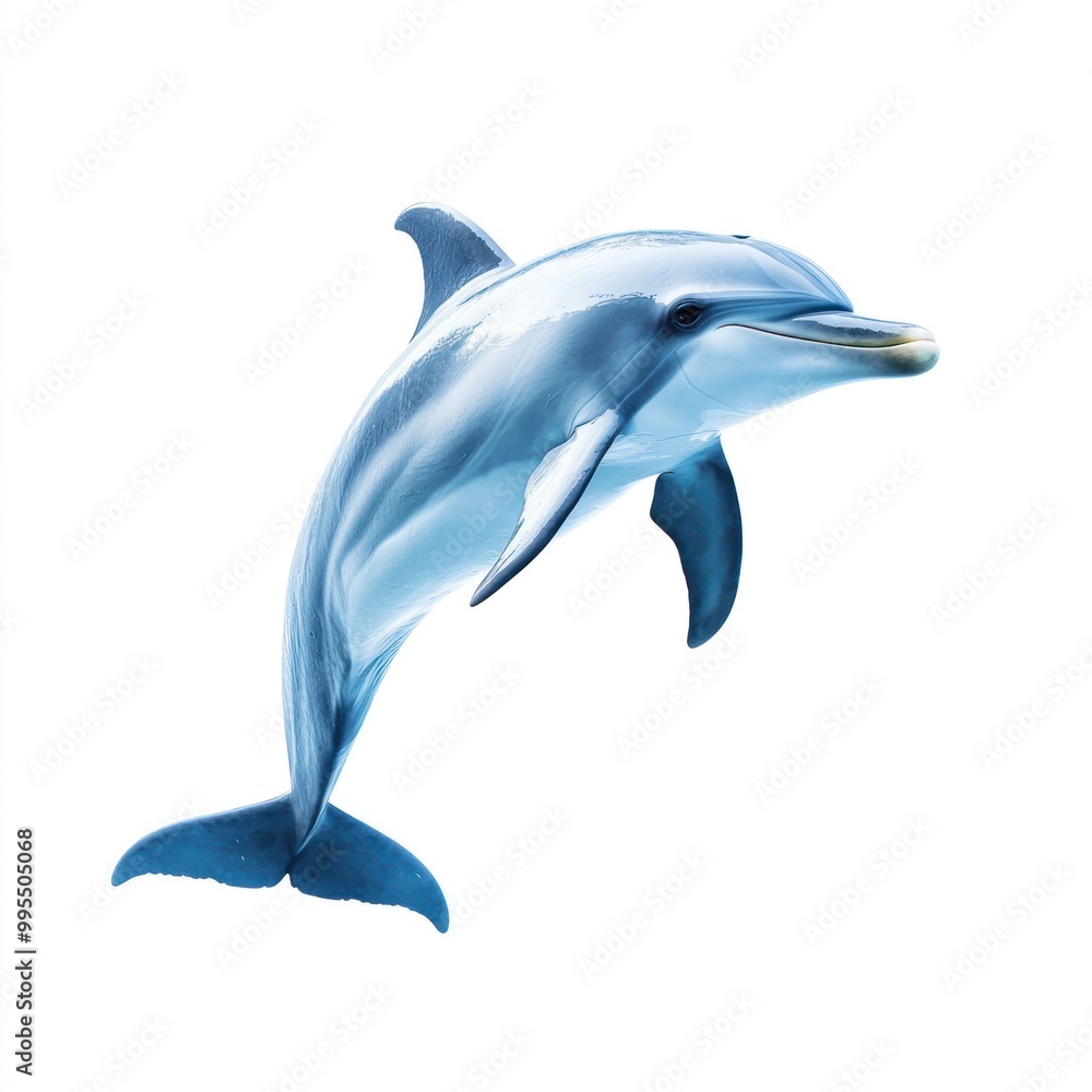 A majestic dolphin, isolated on a clean white background, showing its sleek body and smooth skin A majestic dolphin, isolated on a clean white background, showing its sleek body and smooth skin