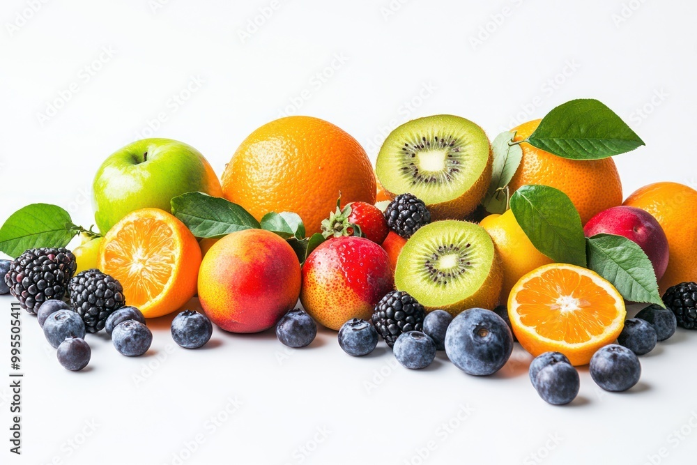 A mix of vegan-friendly fruits, isolated on white, with focus on their natural freshness A mix of vegan-friendly fruits, isolated on white, with focus on their natural freshness