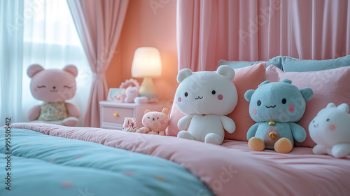 kawaii bedroom with canope bed, stuffed animals, nightstand and lamp, pastel colors photo