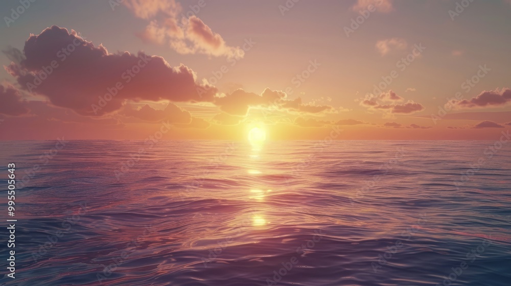 Obraz premium A beautiful sunset over a tranquil ocean with the sun dipping below the horizon.
