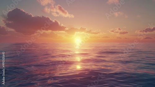 A beautiful sunset over a tranquil ocean with the sun dipping below the horizon.