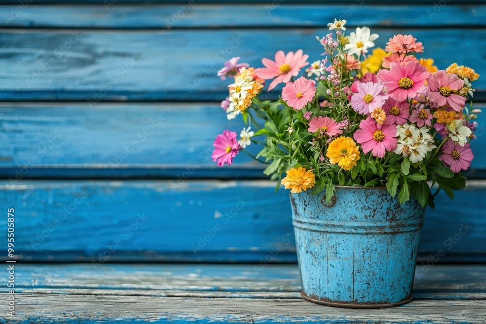 A Rustic Blue Bucket Filled with a Colorful Bouquet of Flowers A Rustic Blue Bucket Filled with a Colorful Bouquet of Flowers