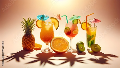 A row of summer tropical holiday cocktails on a bright background with hard directional sun shadow