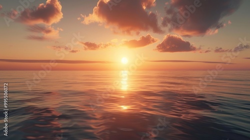 A picturesque sunrise over a calm ocean with the sun rising above the horizon.