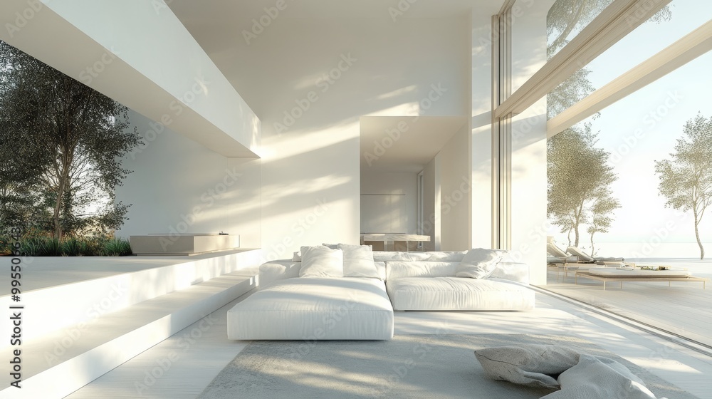 White living room with a sofa and a summer landscape outside, in Scandinavian design. White living room with a sofa and a summer landscape outside, in Scandinavian design.