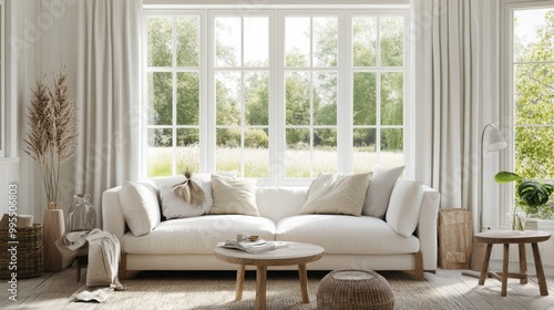 White living room with a sofa and a summer landscape outside, in Scandinavian design.