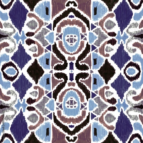  Ethnic abstract art ikat. Seamless ornamental print. Geometric ethnic pattern seamless color oriental. Design for background, curtain, carpet, wallpaper, clothing, packaging, batik.
