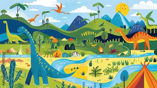 vibrant and playful illustration of dinosaurs in a prehistoric landscape, with rivers, mountains, and greenery. The bright colors and whimsical style make the scene feel lively and adventurous