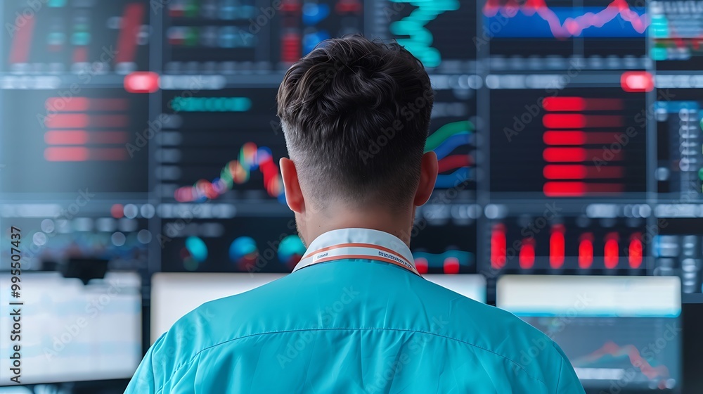 Businessman Analyzing Financial Data on Monitors Businessman Analyzing Financial Data on Monitors