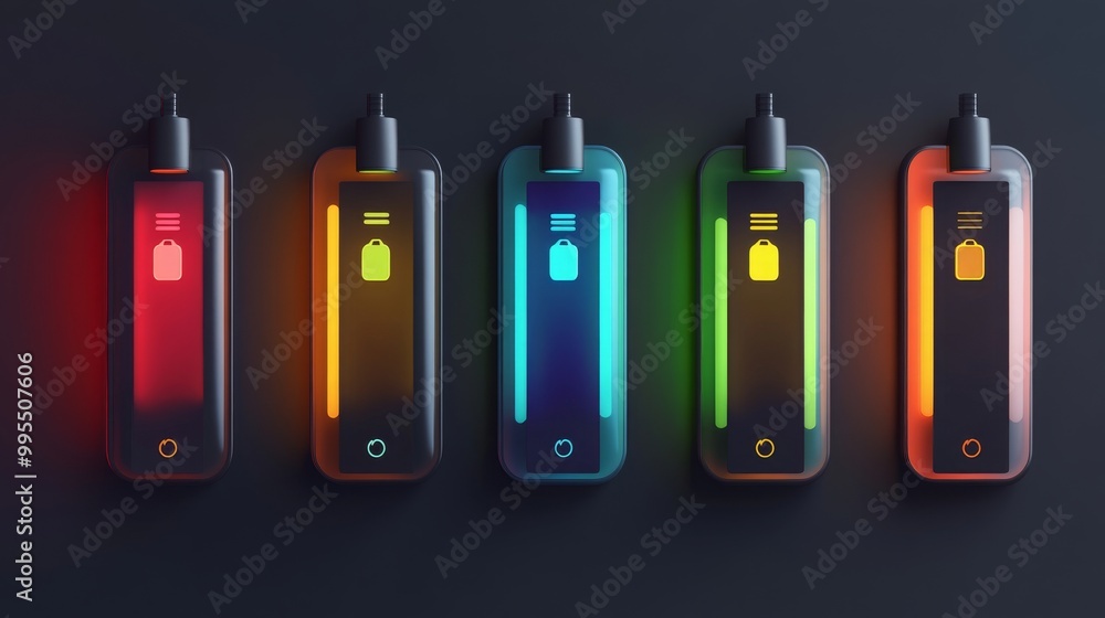 Battery charge level icons showing power from high to low, in different colors Battery charge level icons showing power from high to low, in different colors