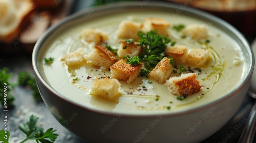 A bowl of creamy asparagus soup with croutons. A bowl of creamy asparagus soup with croutons.