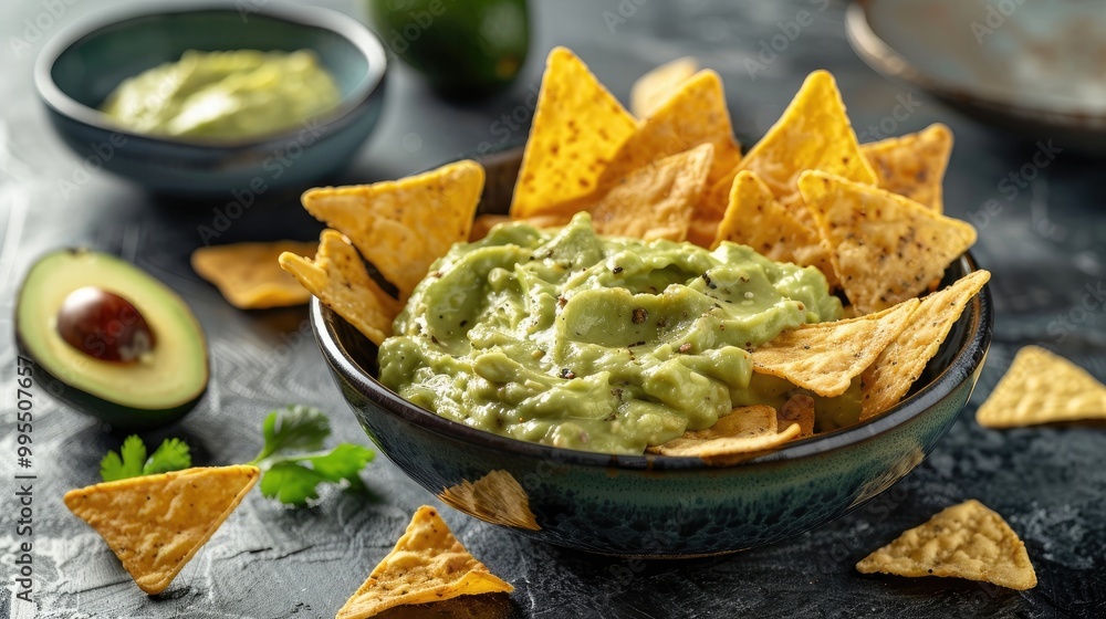 A bowl of creamy avocado dip with tortilla chips. A bowl of creamy avocado dip with tortilla chips.