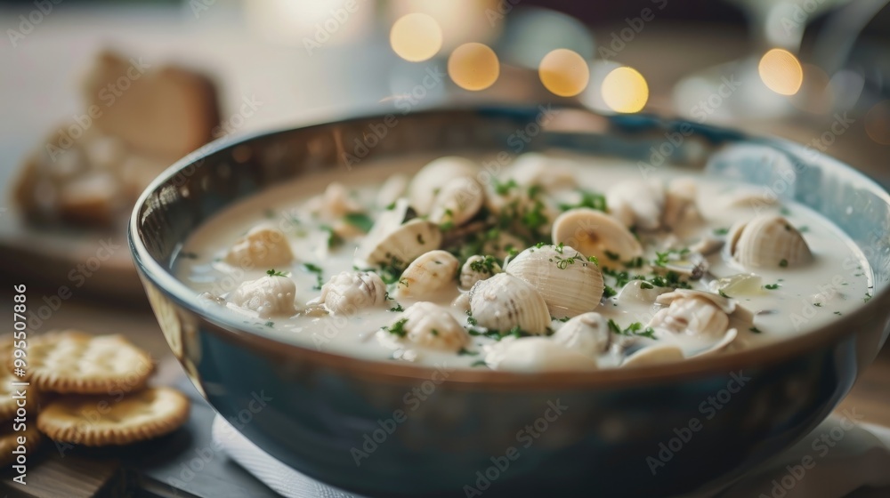 A bowl of creamy clam chowder with oyster crackers. A bowl of creamy clam chowder with oyster crackers.