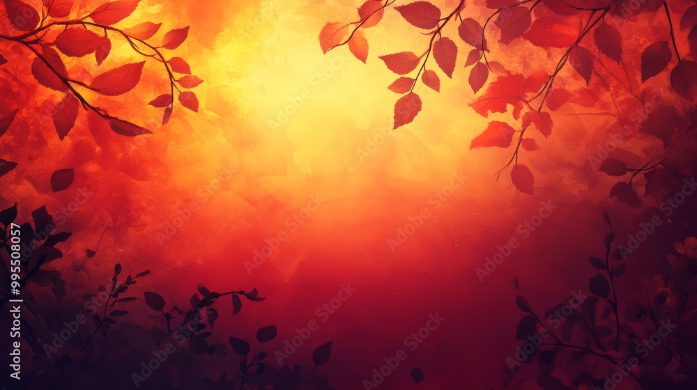 A background with shades of red and orange, like a sunset, with autumn leaves around it. A background with shades of red and orange, like a sunset, with autumn leaves around it.