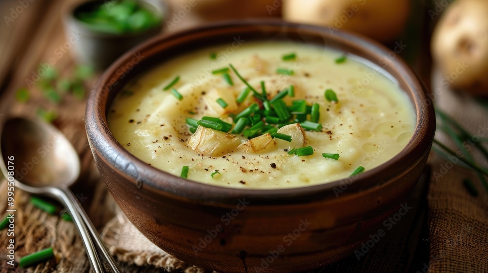A bowl of creamy leek and potato soup with chives. A bowl of creamy leek and potato soup with chives.