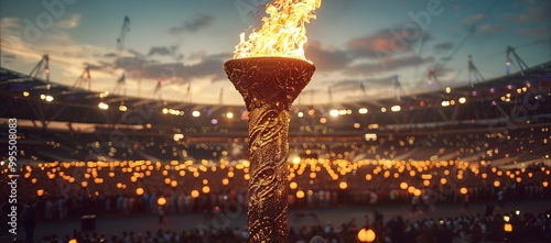 A close up of the Olympic torch burning brightly in front of a stadium full of people.  The stadium is lit up with lights and the crowd is cheering.