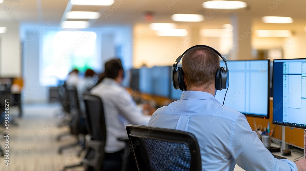 Back View of Man Wearing Headphones While Working on Computer in Modern Office Back View of Man Wearing Headphones While Working on Computer in Modern Office