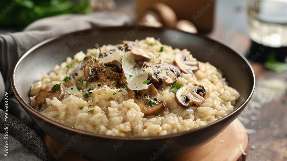 A bowl of creamy mushroom risotto with parmesan cheese. A bowl of creamy mushroom risotto with parmesan cheese.