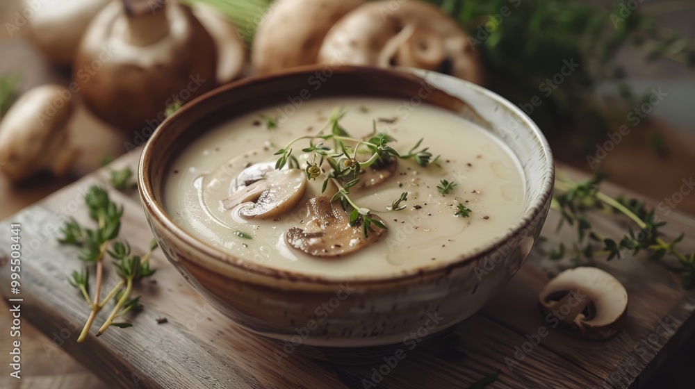 A bowl of creamy mushroom soup with thyme. A bowl of creamy mushroom soup with thyme.