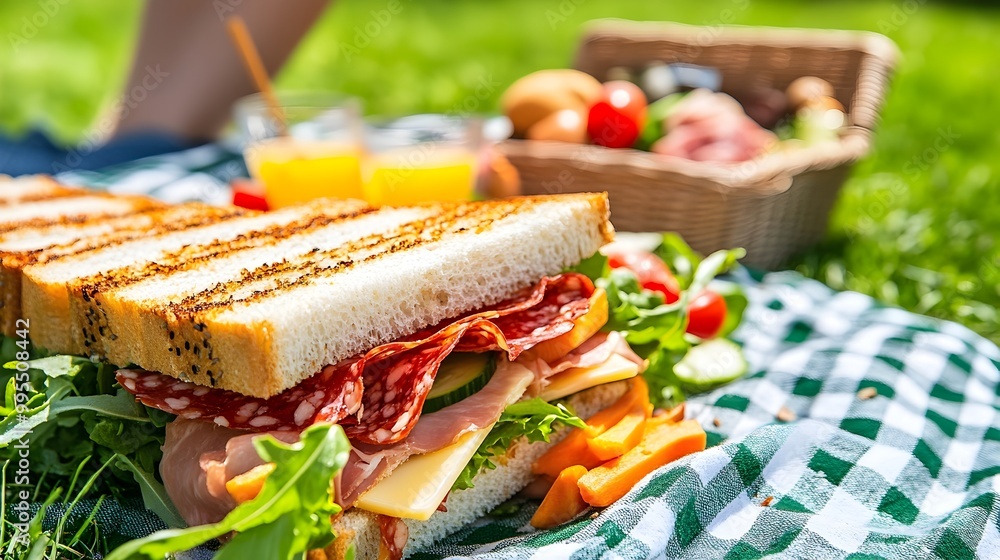 Closeup of a Homemade Sandwich Featuring a Variety of Fresh Vegetables Cheese and Cold Cuts Artfully Arranged on a Picnic Blanket in a Natural Setting Closeup of a Homemade Sandwich Featuring a Variety of Fresh Vegetables Cheese and Cold Cuts Artfully Arranged on a Picnic Blanket in a Natural Setting
