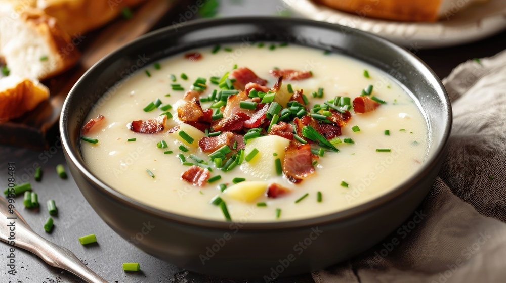 A bowl of creamy potato soup with bacon and chives. A bowl of creamy potato soup with bacon and chives.