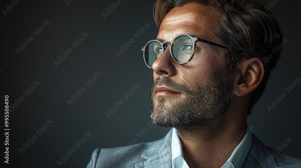 stylish man with a beard and glasses gazes thoughtfully into the distance, dressed in a tailored suit. The lighting accentuates his features, giving a professional, modern, and intellectual vibe stylish man with a beard and glasses gazes thoughtfully into the distance, dressed in a tailored suit. The lighting accentuates his features, giving a professional, modern, and intellectual vibe