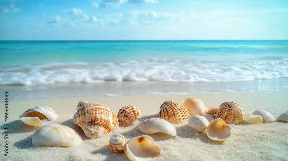 A serene beach with vibrant shells on golden sand, gentle waves, and a clear blue sky. A serene beach with vibrant shells on golden sand, gentle waves, and a clear blue sky.