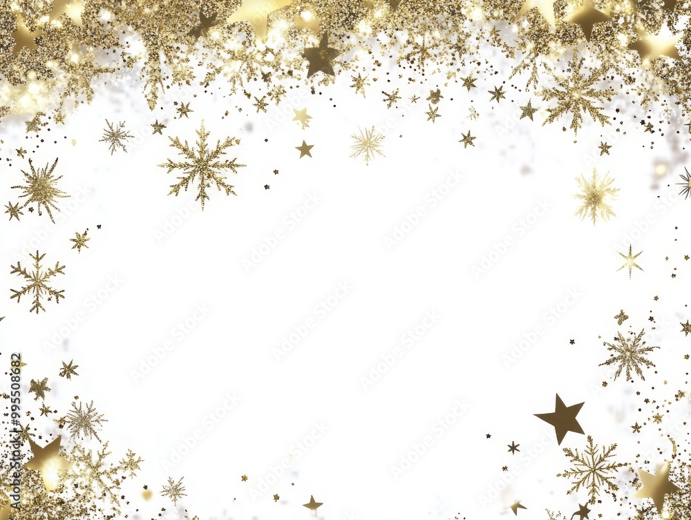 Obraz premium 2408 16.A festive frame made of glittering gold stars and snowflakes on a transparent background, ideal for holiday banners and winter celebrations. The shimmering details create a luxurious confetti