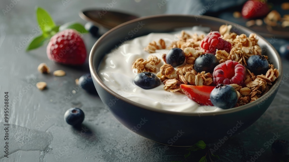 A bowl of creamy yogurt with granola and fresh berries. A bowl of creamy yogurt with granola and fresh berries.