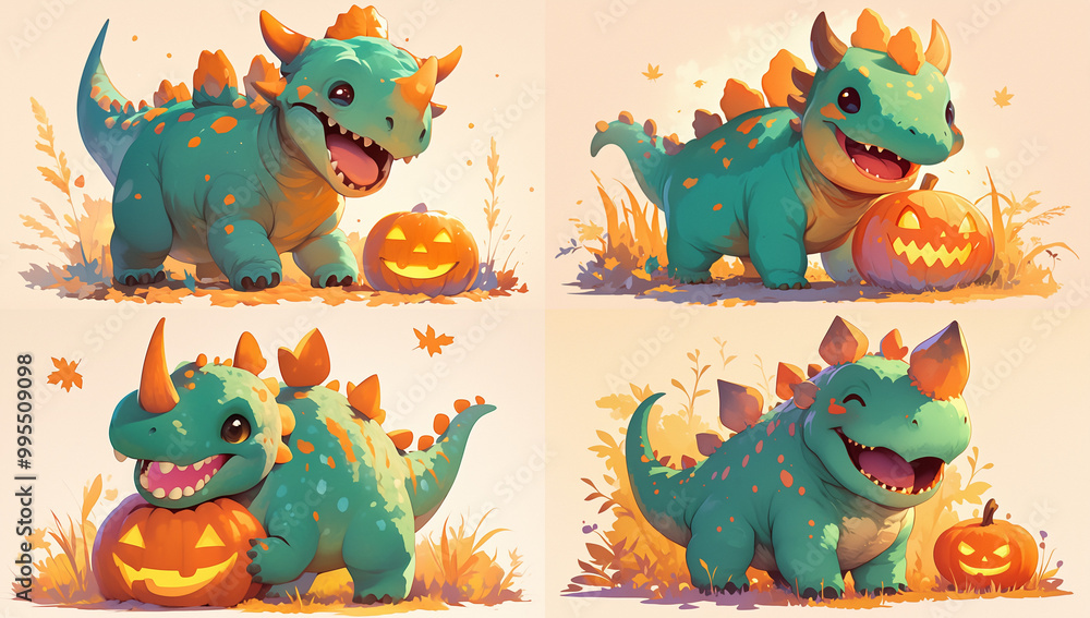 Naklejka premium Halloween Day, Halloween Pumpkins, Halloween Dinosaurs