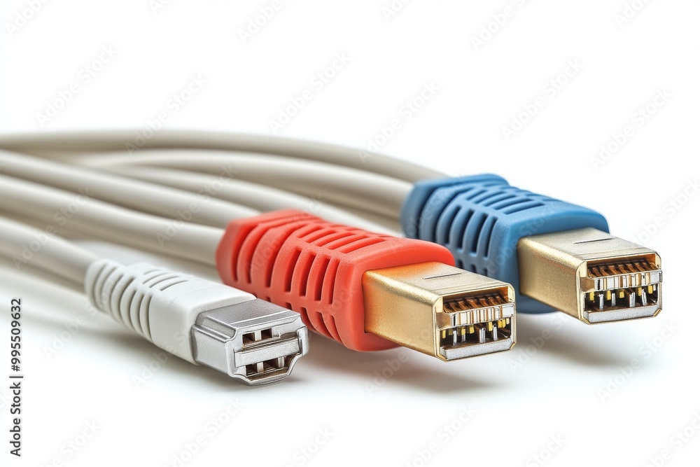 Close up of HDMI cables with red blue and gold connectors symbolizing modern connectivity secure data transmission and high performance multimedia communication systems Close up of HDMI cables with red blue and gold connectors symbolizing modern connectivity secure data transmission and high performance multimedia communication systems